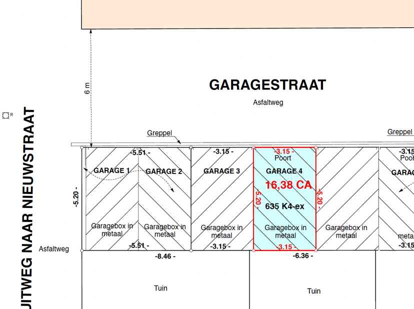 Metalen garagebox in rij garages liggend achter de huizen in de nieuwstraat, bereikbaar via oprit (ex alliance gebouw)&lt;br /&gt;
garagebox nummer 4 wordt